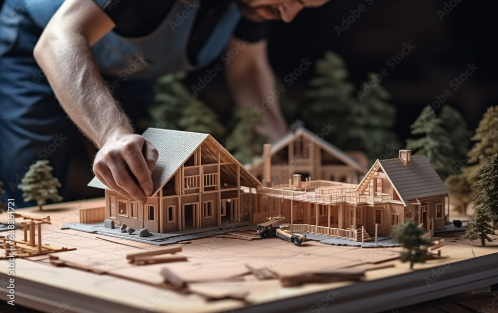 building house on blueprints with worker - construction project building house on blueprints with worker - construction project