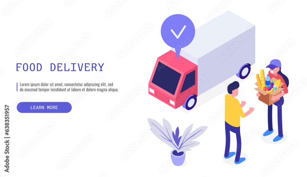 Food delivery service concept. Deliveryman handing over the food box to a male client. Isometric web banner. Vector. Food delivery service concept. Deliveryman handing over the food box to a male client. Isometric web banner. Vector.
