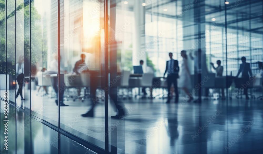 Blurred image of business people standing and walking in the office, wall with glass partitions. - obrazy, fototapety, plakaty 