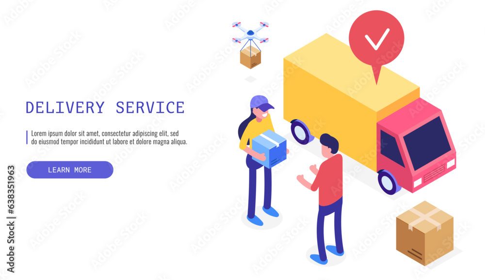 Delivery service concept. A postwoman hands over a box to a satisfied male client with a delivery van in the background. Isometric vector web banner. Delivery service concept. A postwoman hands over a box to a satisfied male client with a delivery van in the background. Isometric vector web banner.