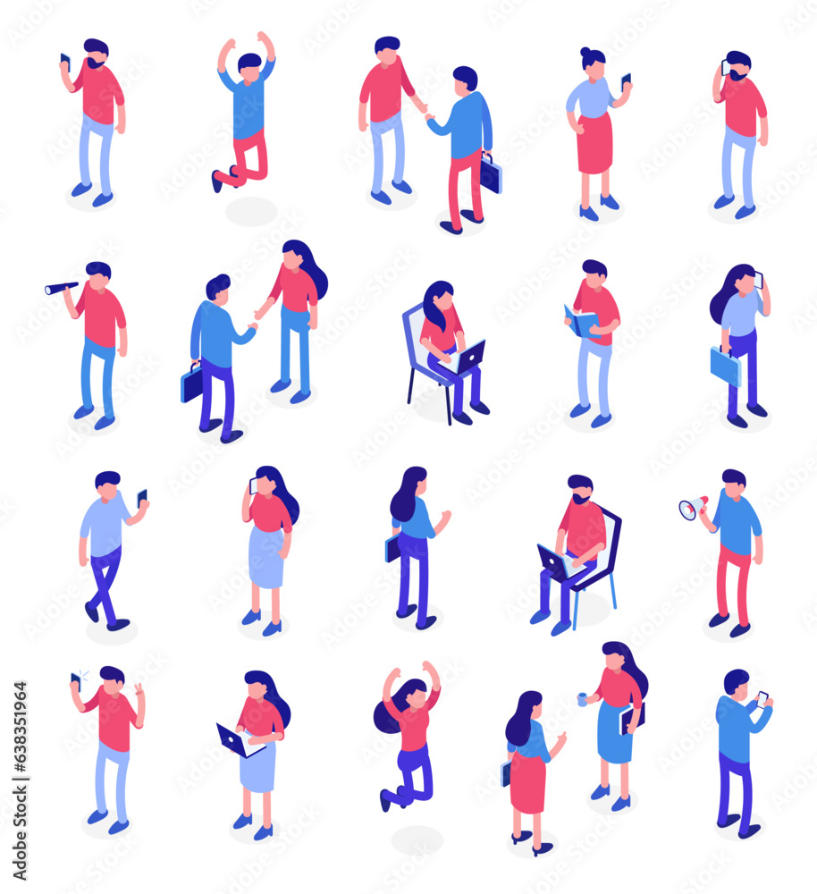 A vast assortment of isometric illustrations showcasing diverse male and female characters. Vector.