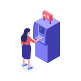 Cash withdrawal service illustration. A woman attempting to use an ATM machine. Isometric vector web banner.