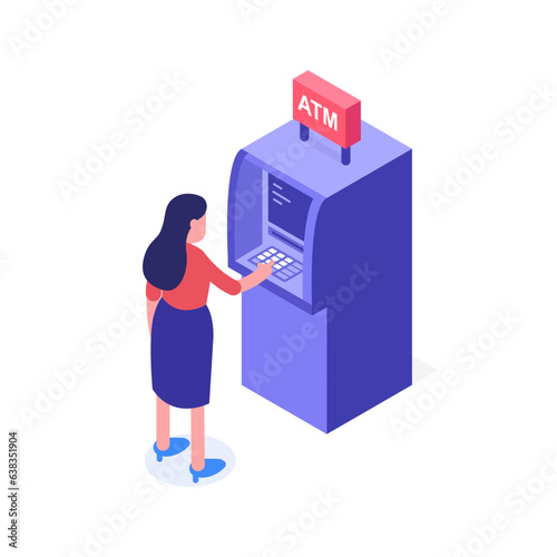 Cash withdrawal service illustration. A woman attempting to use an ATM machine. Isometric vector web banner.