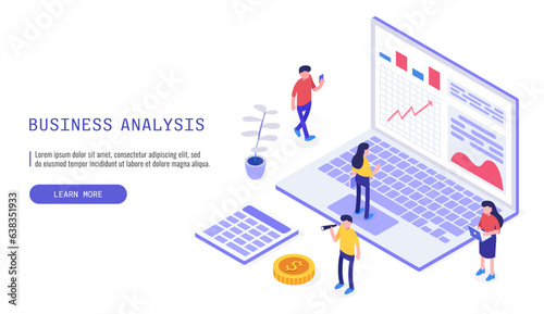Isometric web banner: Auditing & Business Analysis concept with characters. Opportunities, graphic & audit documentation, economic analysis, financial budget. Vector illustration for landing page.