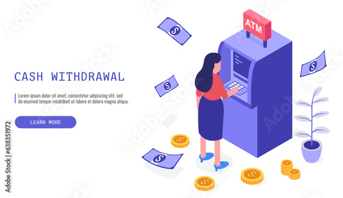 Isometric web banner featuring financial transactions. A woman withdraws cash from an ATM. Vector.