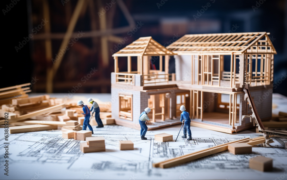 building house on blueprints with worker - construction project 