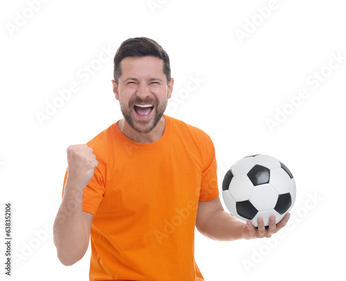 Emotional sports fan with ball celebrating on white background