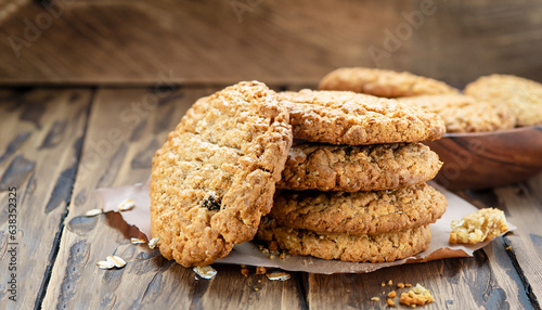 Canvas Print Homemade oatmeal cookie on the wooden table, selective focus