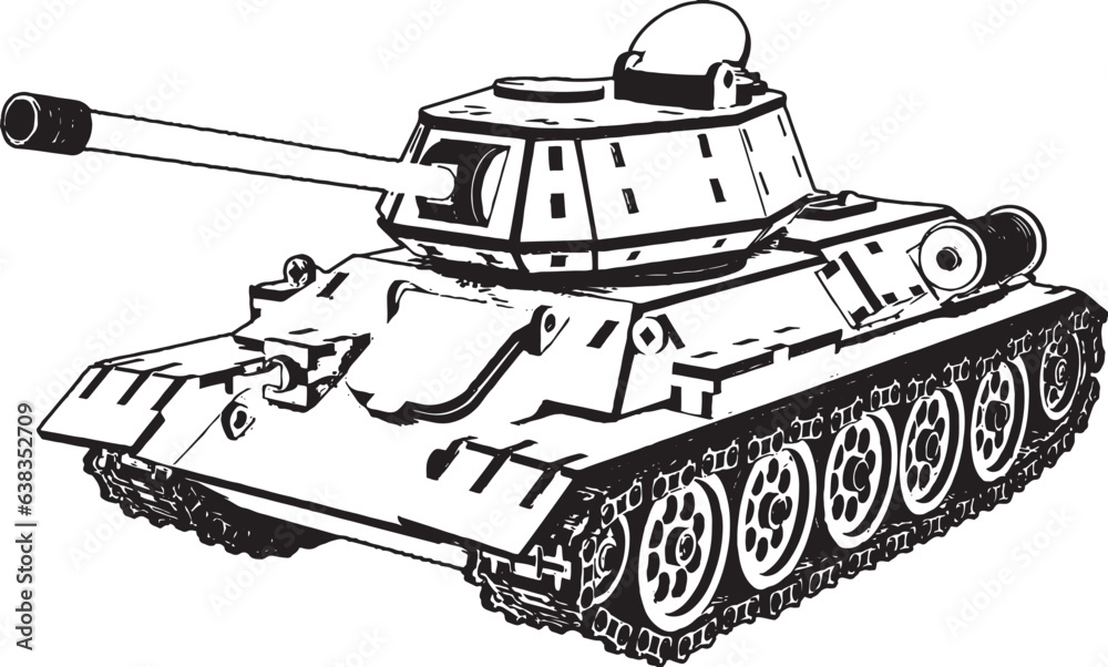 Vector Illustration: Battle Tank Silhouette on White Background, Mighty War Machine: Isolated Tank Vector Illustration