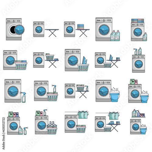 Laundry line icon. Dryer, washing machine and dirt shirts. Laundromat, washing hands, laundry service icon. Linear set. Vector