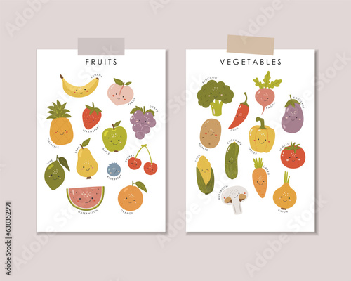 Cute vegetables and fruits, Educational fruits illustration, educational material, kids vector, kindergarten illustration,  vegetables vector, preschool design, fruits vector