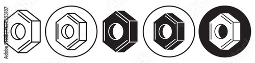 Hex nut icon. outline vector symbol of  mechanical industrial work spare part to fasten the object with screw. Logo sign of stainless steel or iron metal bolt hardware use in engineering workshop set