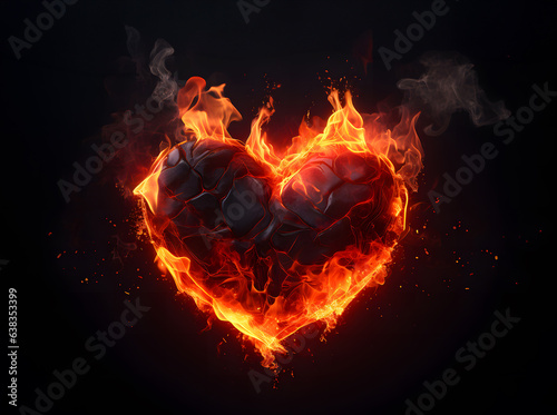Heart shapes are burning there is a fire or flames burning to ashes It was so hot that reddish-yellow light and smoke on a black background floated. Concept is impatient, mean, black-hearted, cruel.