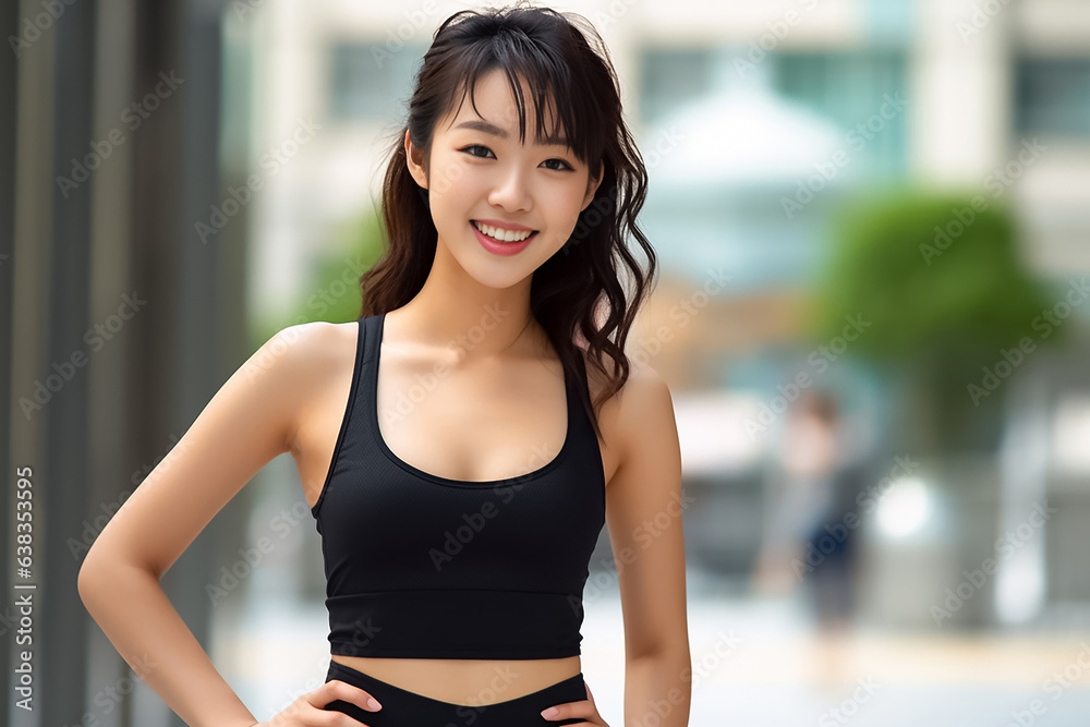 An athletic woman stands outdoors, on a jogging trail, dressed in sportswear. Her youthful smile radiates as she continues her fitness regimen. Created using Generative AI.