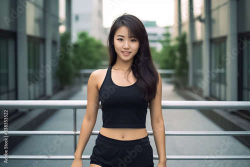 An athletic woman stands outdoors, on a jogging trail, dressed in sportswear. Her youthful smile radiates as she continues her fitness regimen. Created using Generative AI.