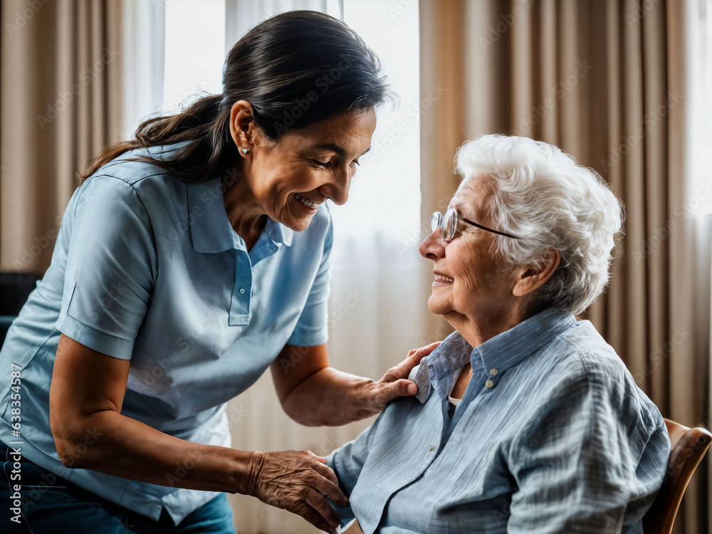 Obraz premium photo of woman take care senior woman at home, generative AI
