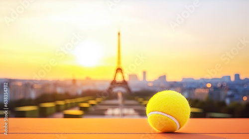 Tennis banner with yellow tennis ball on blurred sunset Paris cityscape background. Roland Garros tennis competition. Tennis background. Concept of Healthy sport. Banner size, copy space