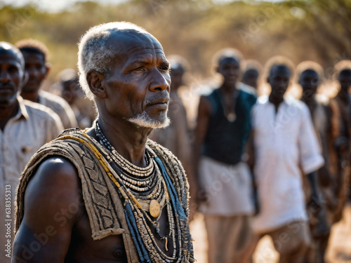 photo of african old people tribal warriors with armor, generative AI