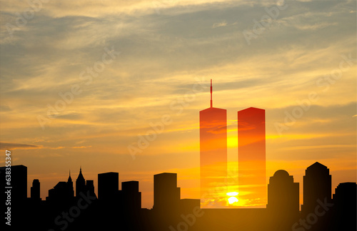 Fotografie New York skyline silhouette with Twin Towers and against the sunset