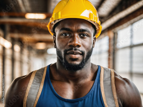 photo of african black man as a construction worker with helmet, generative AI © Flash