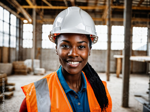 photo of african black woman as a construction worker with helmet, generative AI