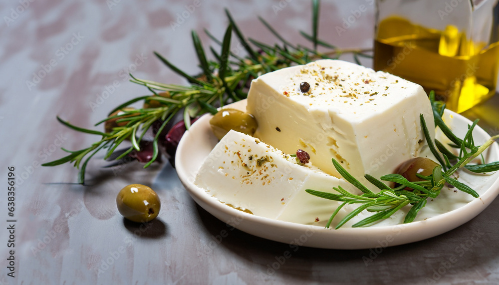 Greek cheese feta with rosemary and olives, selective focus