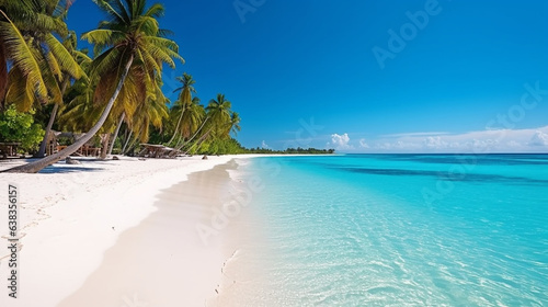 Panoramic view of a tropical beach with palm trees and blue sky © Classy designs