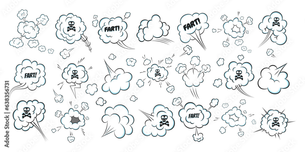Smelling pop art comic book cartoon fart cloud flat style design vector illustration set with text and skull with crossed bones. Bad stink or toxic aroma cartoon smoke cloud.