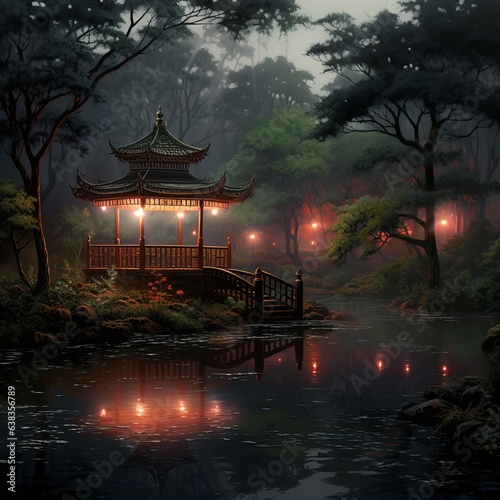  A night park pond bridge gazebo colorful lanterns, Generative AI .