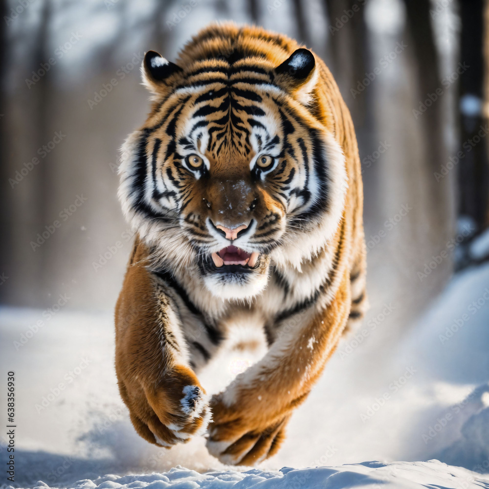 photo of big tiger running in the forest, generative AI