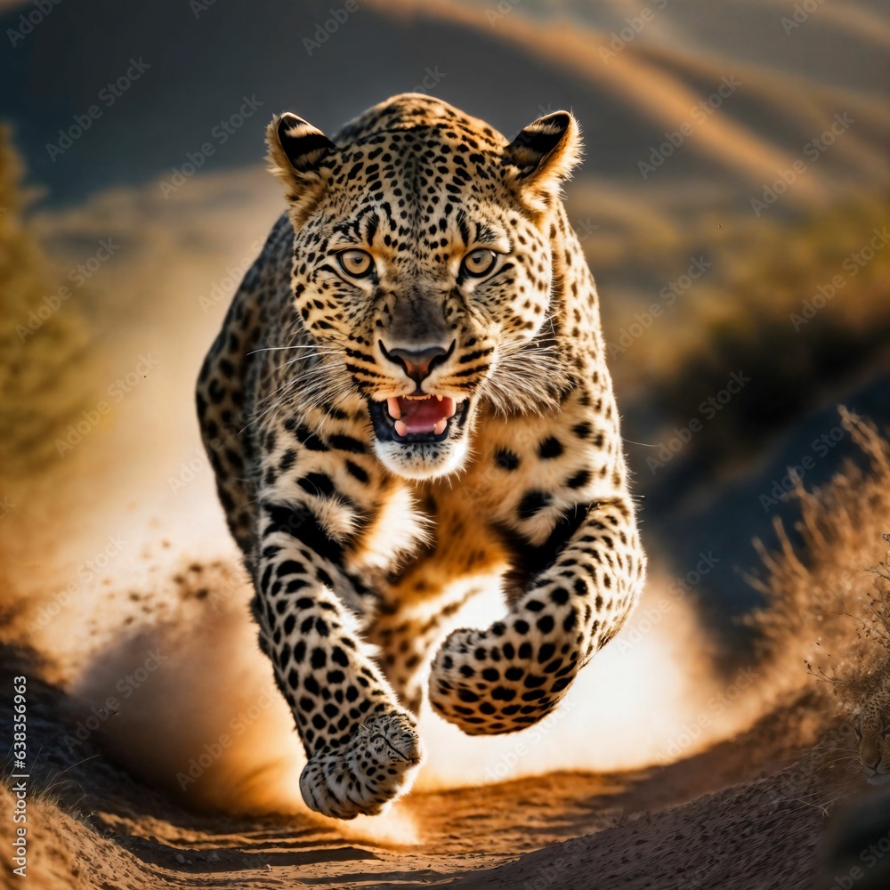 Fototapeta premium photo of big leopard running in the forest, generative AI