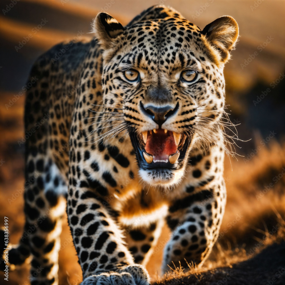 Fototapeta premium photo of big leopard running in the forest, generative AI