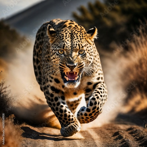 photo of big leopard running in the forest, generative AI © Flash