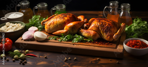 cooking Roasted chicken with spices on a wooden board