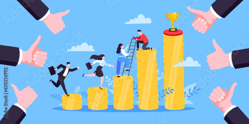 Business mentor helps improve career and money stacks growing. He holds stairs steps vector illustration. Mentorship, upskills, climb help self development strategy flat style design business concept.