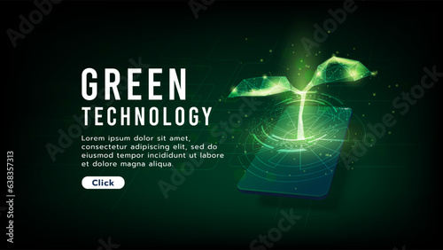 Young plant sprouts or seeding on mobile with circuit effect.Low polygon.Agriculture technology and science concept, ecology system.Hi-tech and futuristic.Digital and technology concept background.
