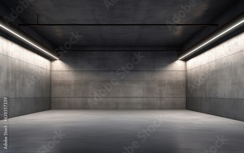Industrial design project empty hall with led lights on top  grey walls and glossy concrete floor. 3D rendering
