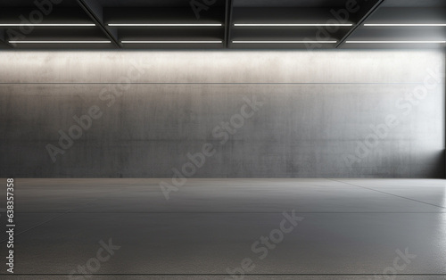 Industrial design project empty hall with led lights on top, grey walls and glossy concrete floor. 3D rendering