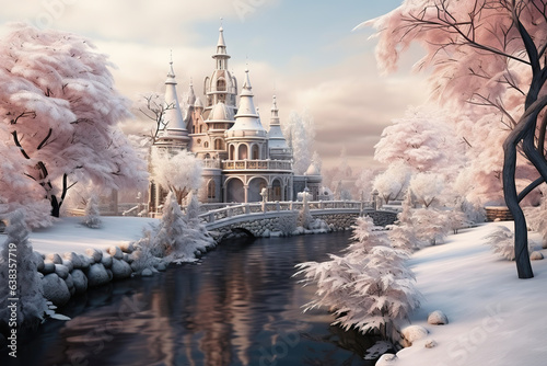 Beautiful winter postcard of a castle by the river, snow, inspired by Russian fairy tales