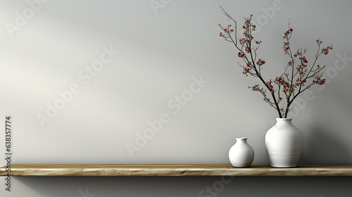White empty shelf on a light gray wall, Universal minimalistic background for product presentation