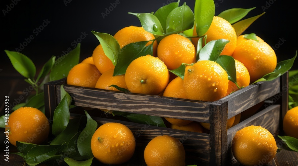 Tangerines in wooden box isolated on black background.