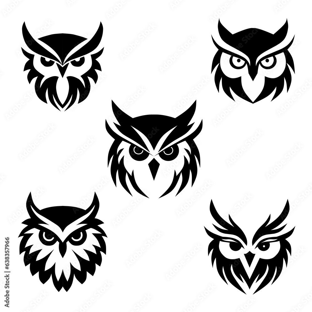 Collection of five owl black and white vector logos on a white background Collection of five owl black and white vector logos on a white background