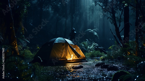 Rain on the tent in the forest tropic quiet calm pea