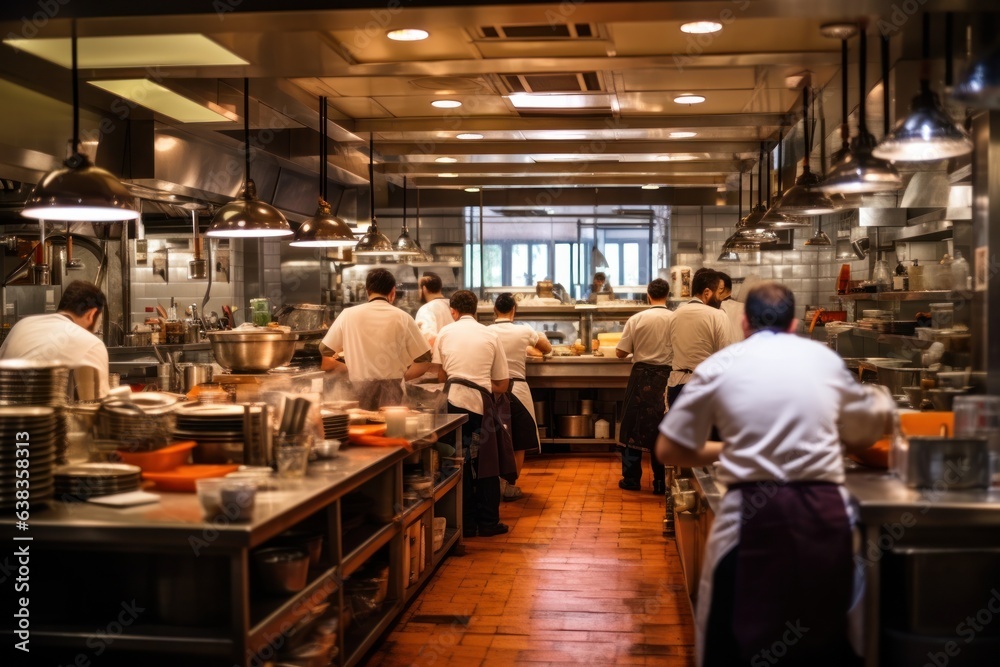 Chefs cook, waiters serve, diners eat in busy restaurant action. Expertise in cuisine, crowded kitchen, efficient service. Chefs cook, waiters serve, diners eat in busy restaurant action. Expertise in cuisine, crowded kitchen, efficient service.