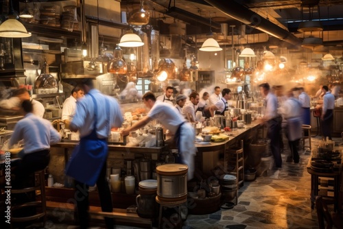 Chefs cooking, waiters serving, diners enjoying in bustling restaurant. © Postproduction