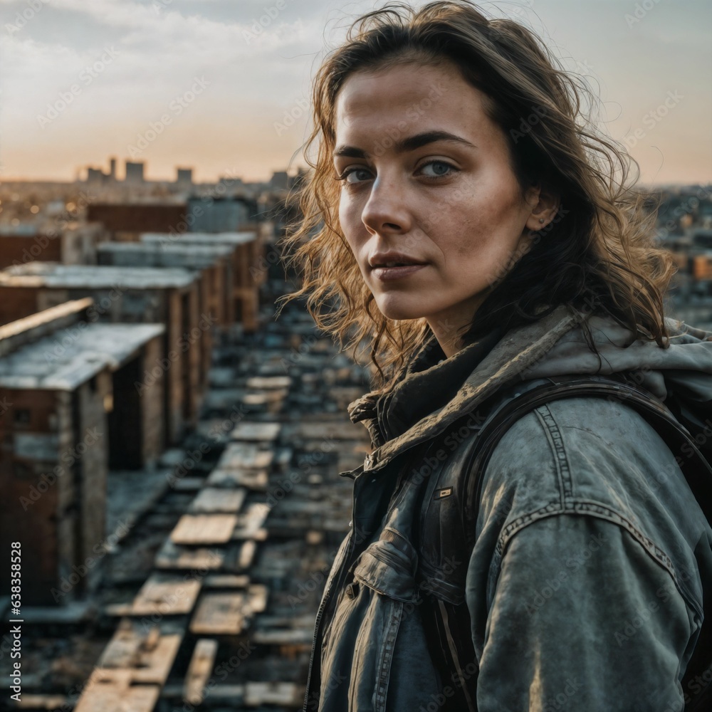 survivor people at rooftop with damage city in background, generative AI