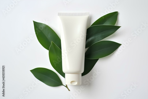 A white tube of cream on a white background with leaves, a template for cosmetic products, a mockup.