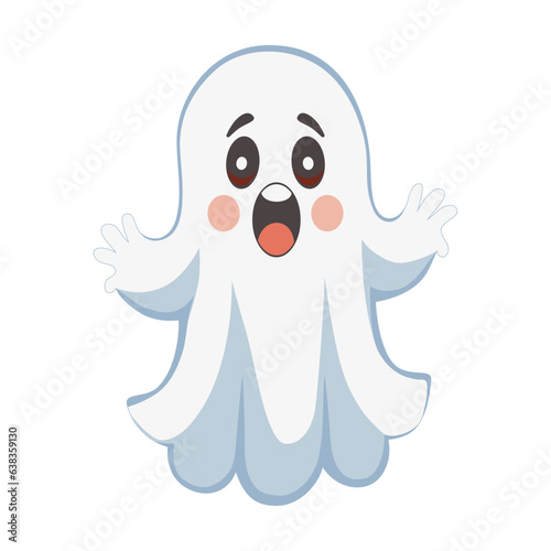 Cute ghost illustration for Halloween, featuring large eyes, an open mouth, and a white shroud. Monster for Halloween. Little spirit in flat style. Vector illustration.