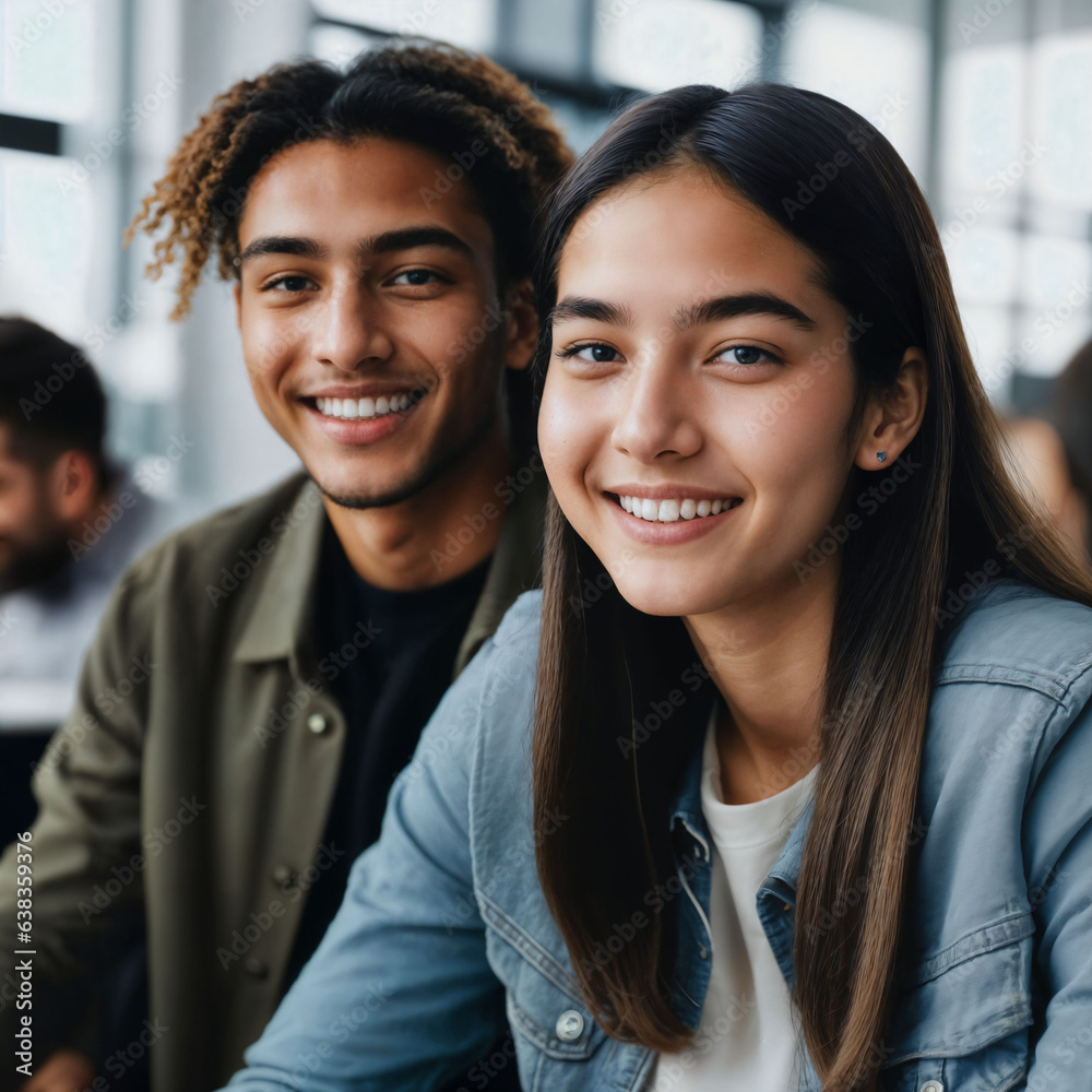 couple of happy young teenage at the working office space, generative AI