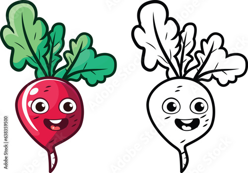 Happy Radish cartoon vector illustration, Daikon,  Forage Radish,  Raphanus raphanistrum, colored and black and white line art stock vector image